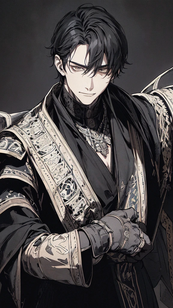Best quality, (background_detail), high_contrast, detail_original_illustration, warrior, muscular, villain face, armored, full_body, medieval, crease between eyes, young man, man in 20s, dark_stitch_landscape, (dramatic_lighting:1. 25), (shaded_background:1.2), black_hair, (short black hair:) 1.1 ), Large figure, Delicate face, Evil smile, Sharp eyes, Black background, (Black background:1.5), Beautiful line drawing, Black and white