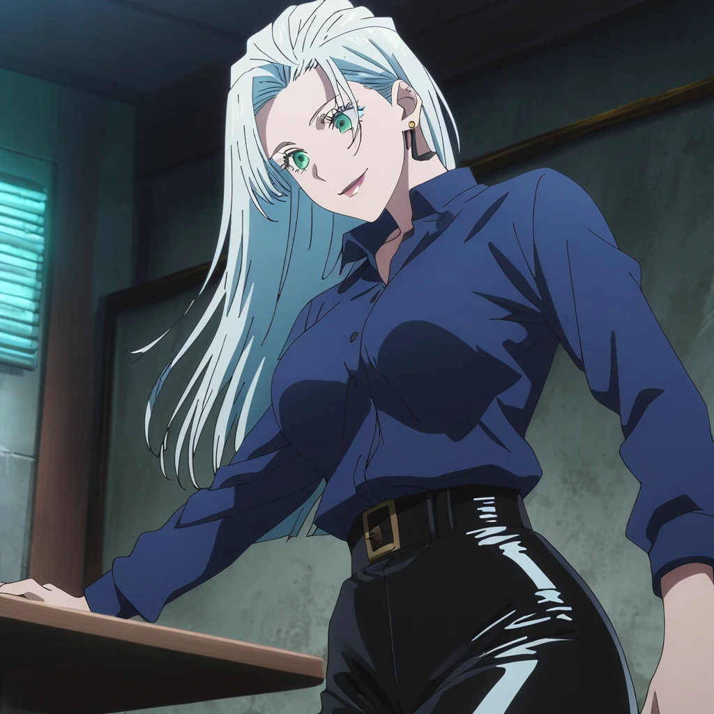 1girl, female gojo satoru, anime screencap from jujutsu kaisen, gojo satoru female version, solo, long_hair, ((green eyes)) ((White_hair, hair slicked from one side)), night view, (hanging breasts) upper_body, smile, indoors, book, lips, (slightly straight hair) ((wearing blue shirt and short latex pant)) breast, "very detailed and high resolution" (gree eyes) ((solo)) (((front view))) (earings) ((high resolution)) ((good quality)) ((hair slicked from one side))