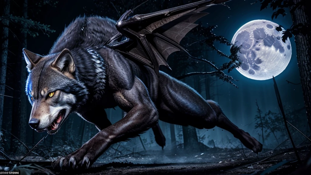 A ferocious wolf- spider man hybrid with large, leathery wings and glowing blue eyes, howling at the full moon in a dark forest."