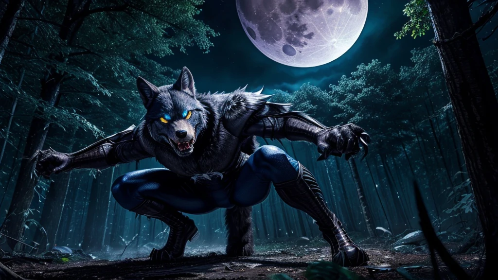 A ferocious wolf- spider man hybrid with large, leathery wings and glowing blue eyes, howling at the full moon in a dark forest."
