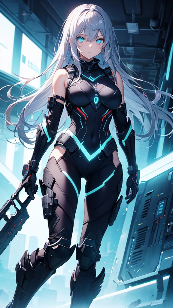 (masterpiece, best quality:1.3), 1 girl, solo, teenager,(top quality eyes:1.3),A young girl, , with striking cyan eyes and silver hair, slightly shorter than average, and appearing a bit angry. She is dressed in heavy, futuristic gear resembling armor, including a reinforced chest plate, arm guards with built-in gadgets, and boots with glowing blue lines. She is outside at night, the environment around her dark and shadowy. The bright neon lights from her outfit illuminate the scene, and she strikes a powerful, heroic pose, showing off her full figure.