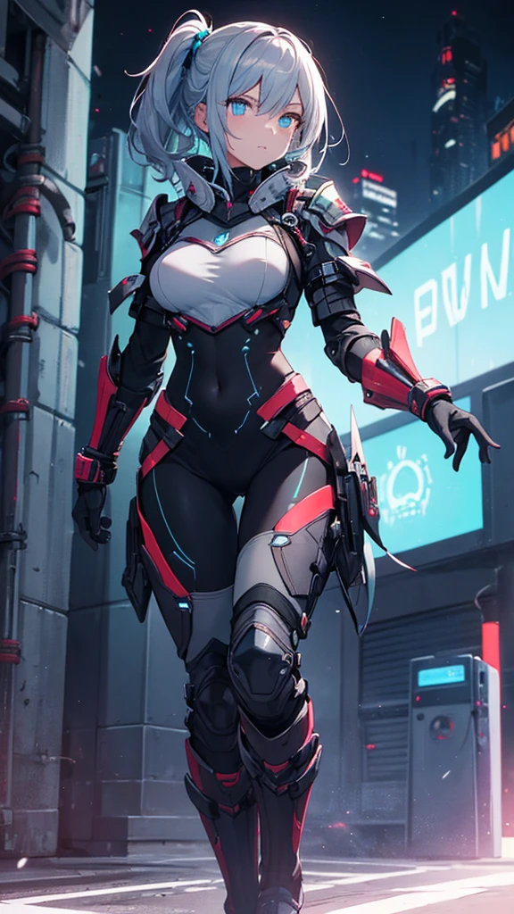 (masterpiece, best quality:1.3), 1 girl, solo, teenager,(top quality eyes:1.3),A young girl, 15 years old, with striking cyan eyes and silver hair, slightly shorter than average, and appearing a bit angry. She is dressed in heavy, futuristic gear resembling armor, including a reinforced chest plate, arm guards with built-in gadgets, and boots with glowing blue lines. She is outside at night, the environment around her dark and shadowy. The bright neon lights from her outfit illuminate the scene, and she strikes a powerful, heroic pose, showing off her full figure.