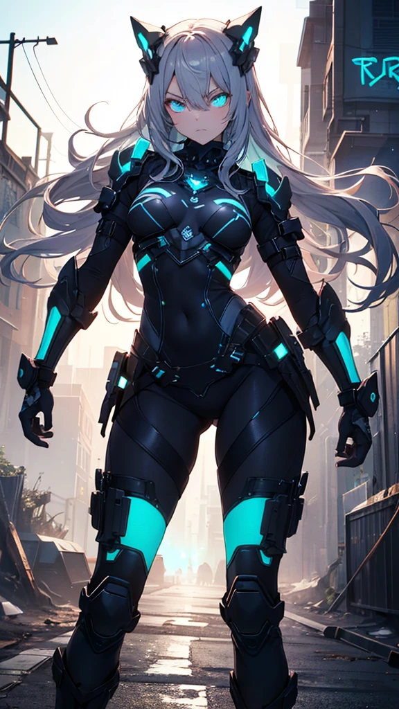 (masterpiece, best quality:1.3), 1 girl, solo, teenager,(top quality eyes:1.3),A young girl, 15 years old, with striking cyan eyes and silver hair, slightly shorter than average, and appearing a bit angry. She is dressed in heavy, futuristic gear resembling armor, including a reinforced chest plate, arm guards with built-in gadgets, and boots with glowing blue lines. She is outside at night, the environment around her dark and shadowy. The bright neon lights from her outfit illuminate the scene, and she strikes a powerful, heroic pose, showing off her full figure.