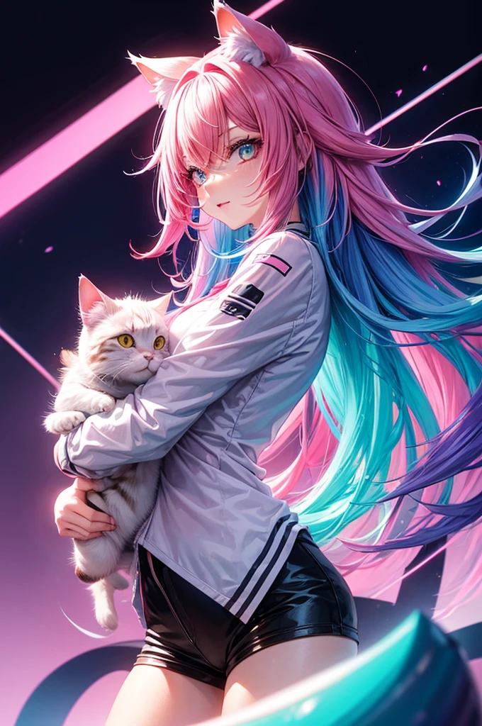 A cat girl, gradient hair, pink hair , blue hair, neon background, neon highlights