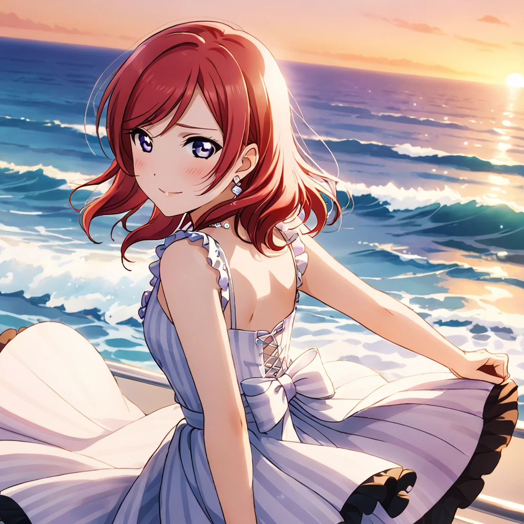 Highest quality、masterpiece、Maki Nishikino、(Purple Eyes)、Red Hair、Embarrassed face、Looking back、Arms behind back、sunset、cruising、dress、Sparkling、Ocean