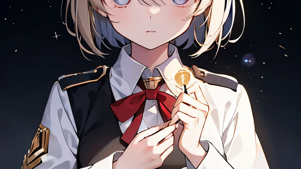 A girl in a uniform holding a small light in her palm、