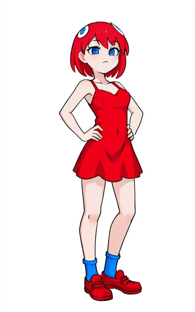 8k.4k,((Best Quality, Masterpiece, ultra high resolution)),((whole body)),standing,by Pixelsketcher,   dress, Blue eyes,Red hair, red dress, short hair,old,short dress,shoes,  red shoes, neckline, sleeveless dress,(Blue socks),human,hair ornament,White background,Alone,hands on the hips