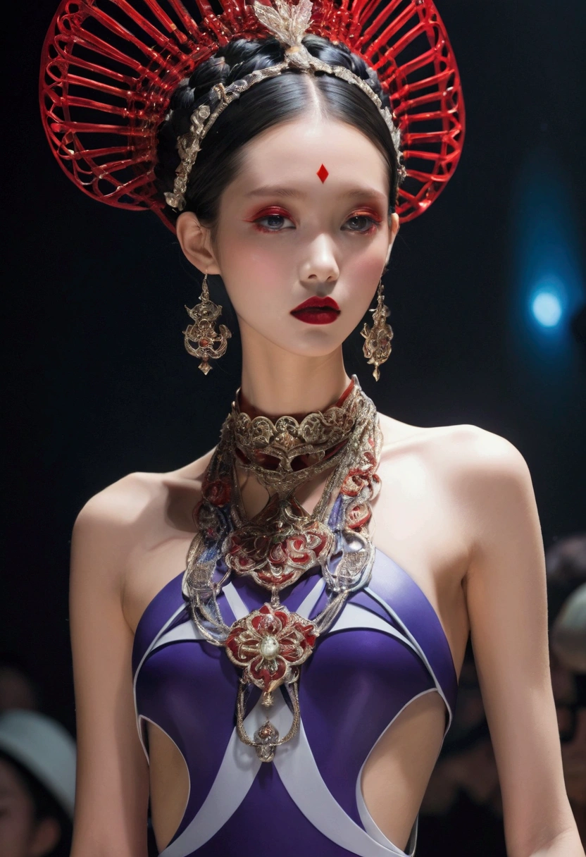 (fashion show:1.3),Alicia Melchiot, Looking at the audience, Cross your arms, Double braid, The model wore an extraordinary avant-garde dress,lotus, Headdress, Violet necklace, 在一场高级fashion show的T台上,Porcelain skin contrasts with deep red lips,She exudes an otherworldly beauty,Experimental photography,Surreal contrasts,Layered Outlines,Complex Mode,Depth and size,translucent,Crystal structure,glowing lines,Fluorescence,Glow Example,Tracking Example,Backlight,Light particle blur,Fractal background