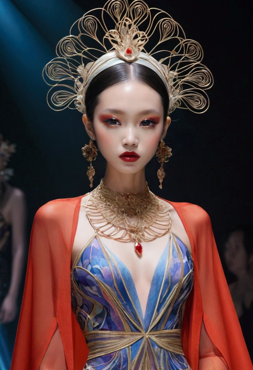 (fashion show:1.3),Alicia Melchiot, Looking at the audience, Cross your arms, Double braid, The model wore an extraordinary avant-garde dress,lotus, Headdress, Violet necklace, 在一场高级fashion show的T台上,Porcelain skin contrasts with deep red lips,She exudes an otherworldly beauty,Experimental photography,Surreal contrasts,Layered Outlines,Complex Mode,Depth and size,translucent,Crystal structure,glowing lines,Fluorescence,Glow Example,Tracking Example,Backlight,Light particle blur,Fractal background