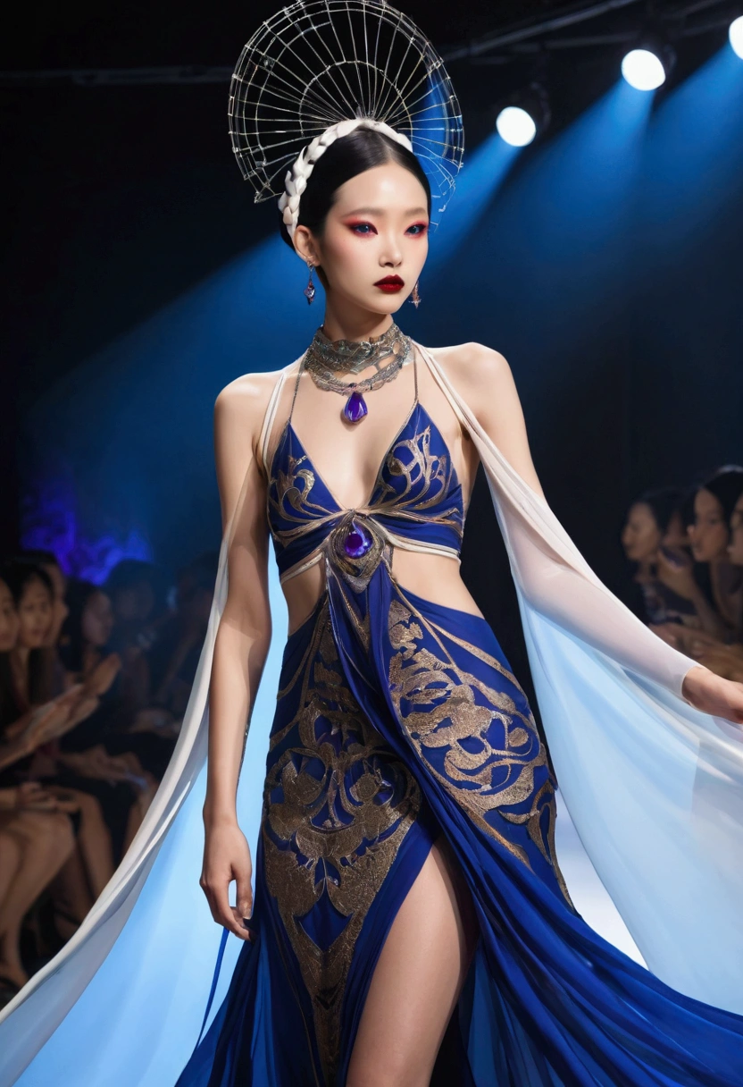 （fashion show：1.3），Alicia Melchiot, Looking at the audience, Cross your arms, Double braid, The model wore an extraordinary avant-garde dress，lotus, Headdress, Violet necklace, 在一场高级fashion show的T台上，Porcelain skin contrasts with deep red lips，She exudes an otherworldly beauty，Experimental photography，Surreal contrasts，Layered Outlines，Complex Mode，Depth and size，translucent，Crystal structure，glowing lines，Fluorescence，Glow Example，Tracking Example，Backlight，Light particle blur，Fractal background