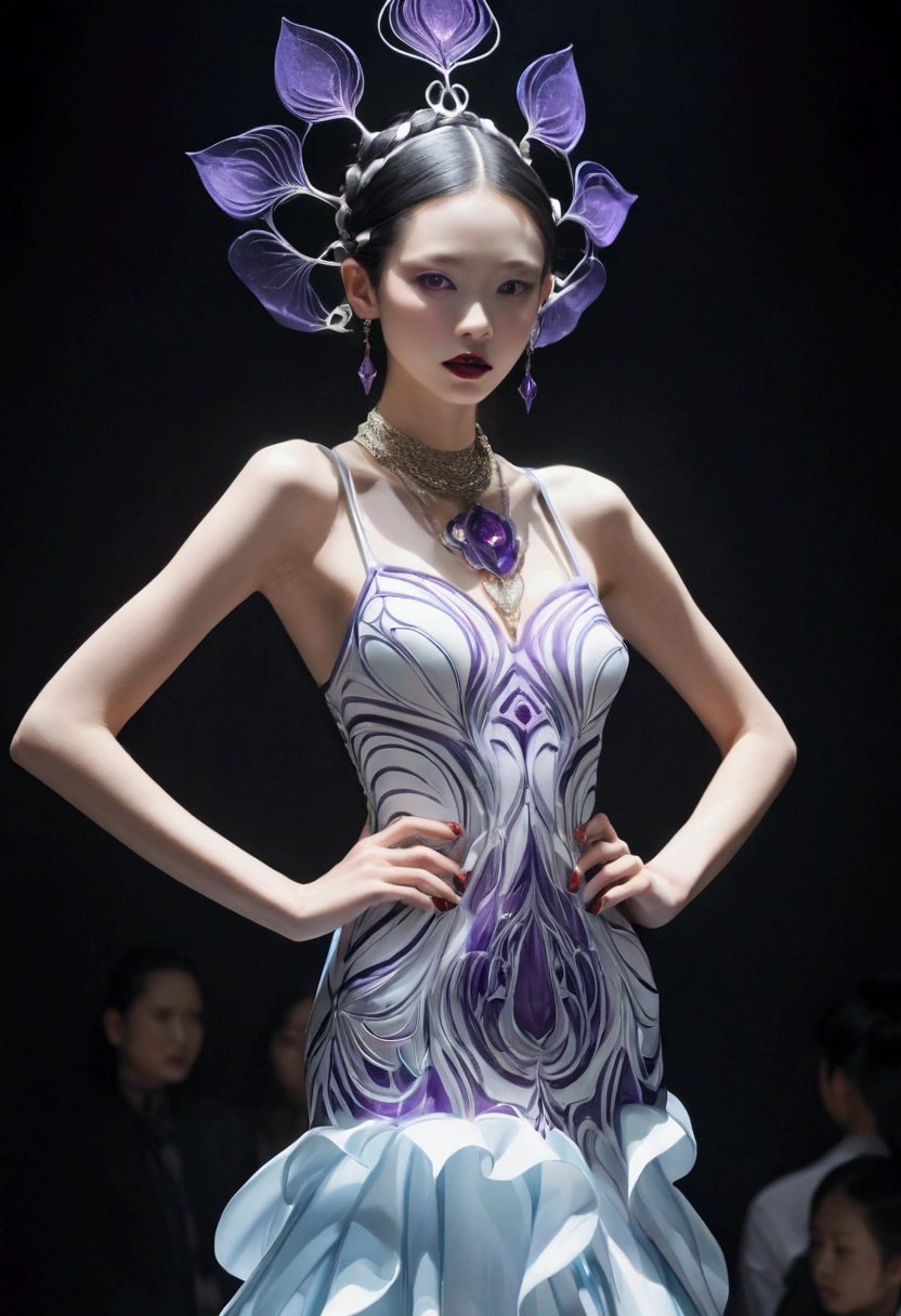 (fashion show:1.3),Alicia Melchiot, Looking at the audience, Cross your arms, Double braid, The model wore an extraordinary avant-garde dress,lotus, Headdress, Violet necklace, 在一场高级fashion show的T台上,Porcelain skin contrasts with deep red lips,She exudes an otherworldly beauty,Experimental photography,Surreal contrasts,Layered Outlines,Complex Mode,Depth and size,translucent,Crystal structure,glowing lines,Fluorescence,Glow Example,Tracking Example,Backlight,Light particle blur,Fractal background