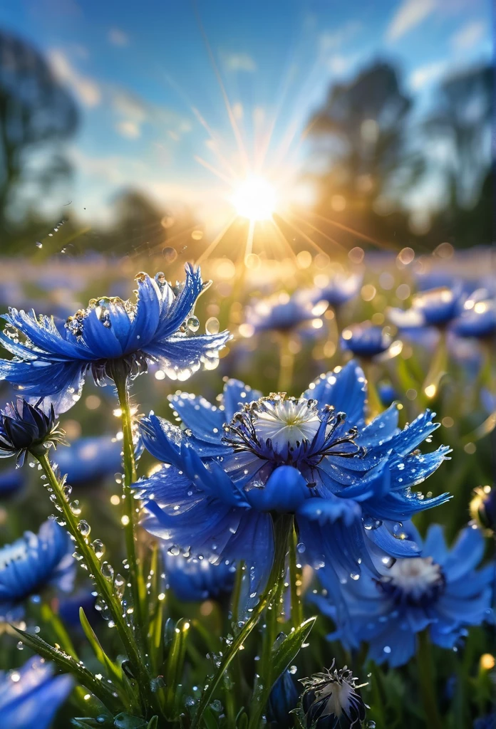 Intricate details, detailed, realism, a close up floral of Anemone /Cornflowers field. The first rays of sunlight in the morning,Dew drops on flowers on the vas,(sunrise,Halo),Beautiful picture,HD Wallpapers,Natural light, dramatic, Source reality,