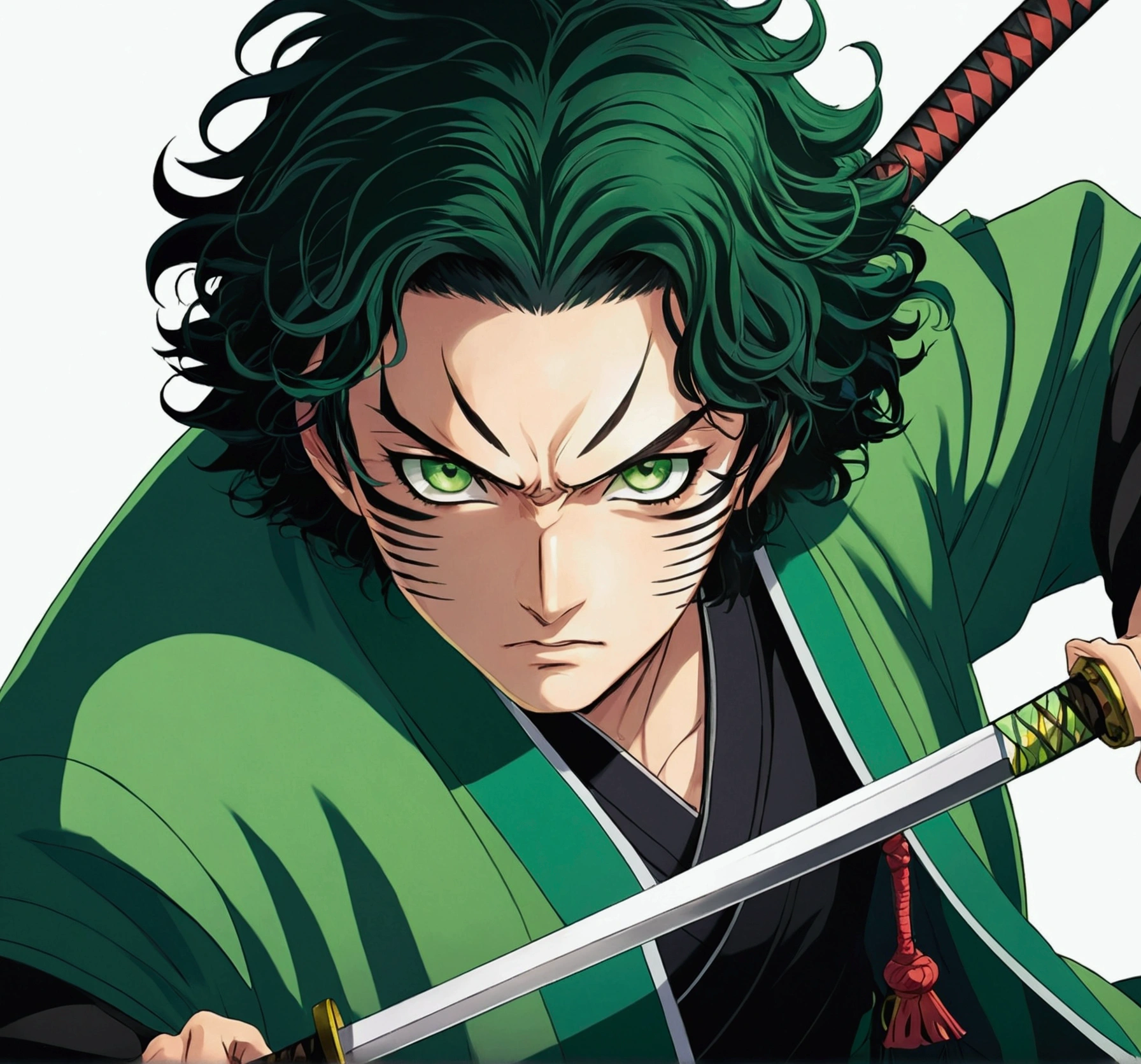 One Guy, Kimetsu no Yaiba, katana, toxic breathing style, green clothes, green eyes,