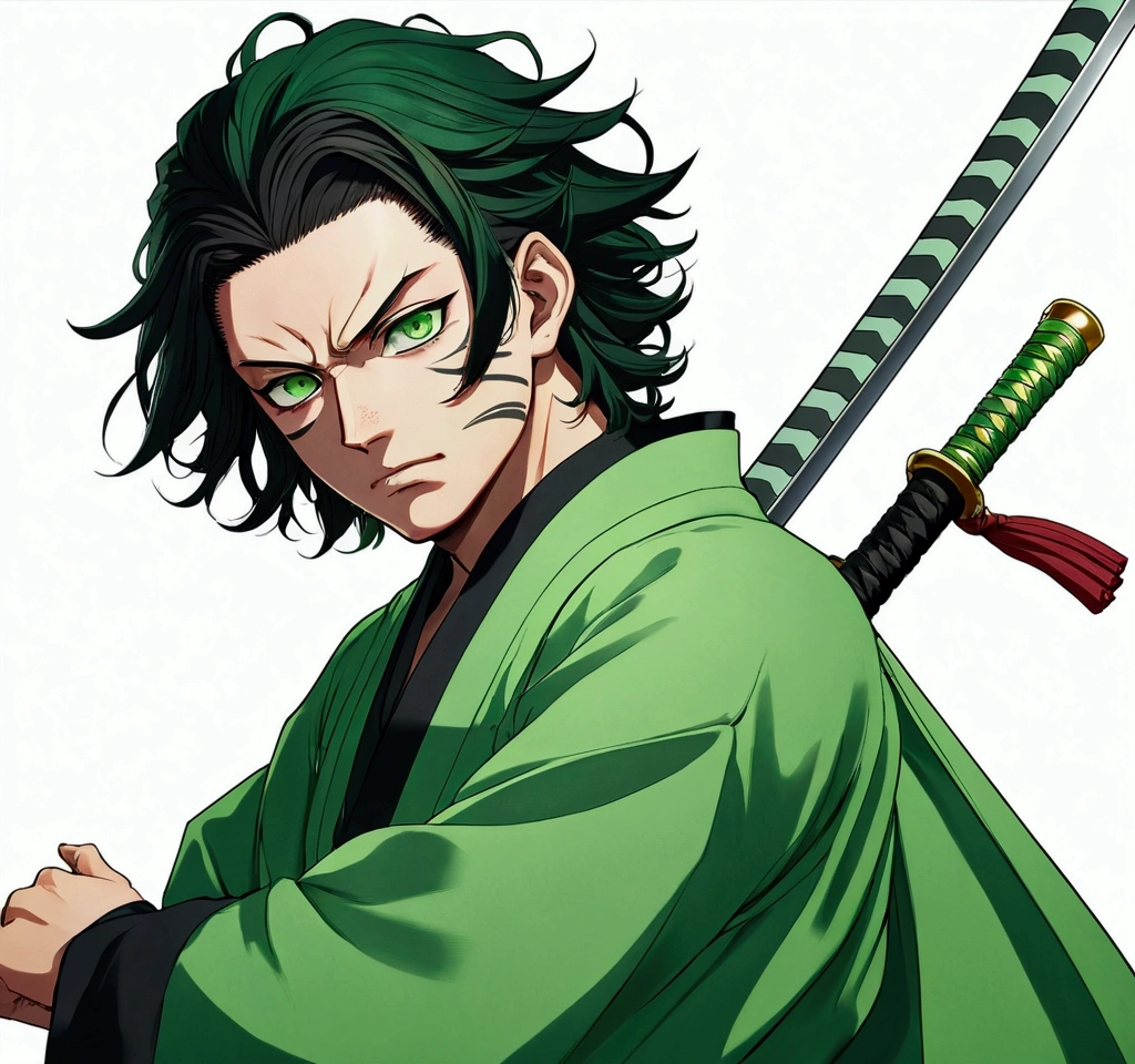 One Guy, Kimetsu no Yaiba, katana, toxic breathing style, green clothes, green eyes,