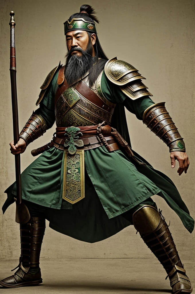 Ancient Chinese male warrior, long beard, Qing Dynasty, wearing green armor, age 56.