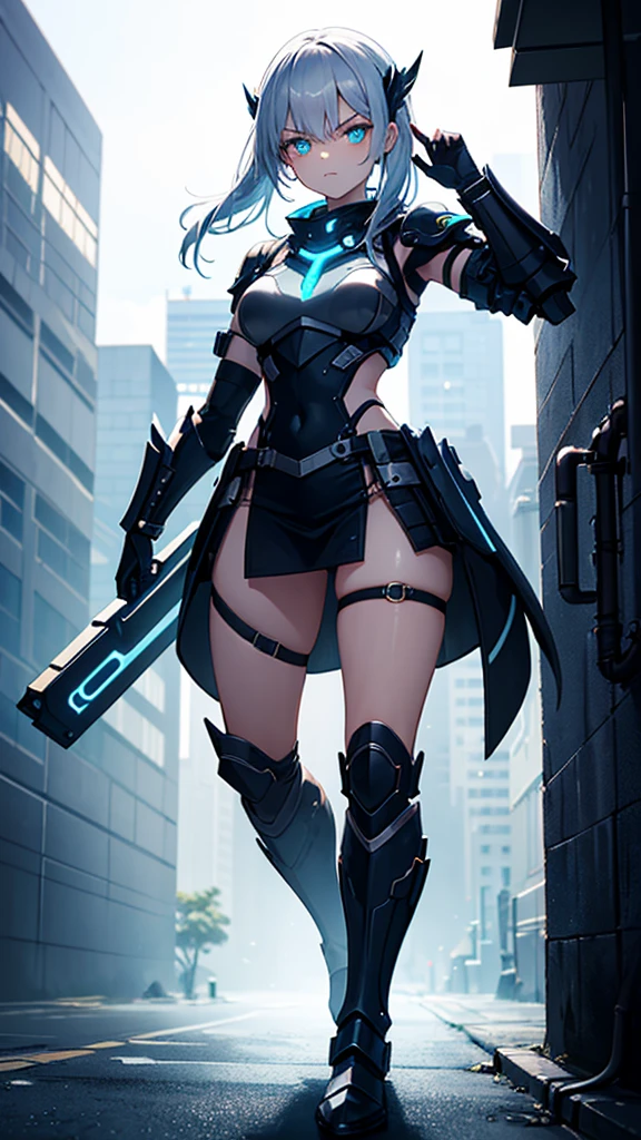 Full body view, (masterpiece, best quality), (dramatic), gritty, intense, anime character, dynamic fighting pose, 1girl only, black hair, (Hairstyle: tied), (80% Wearing futuristic armor), Armored gauntlets, with 50% miniskirt, Knee-high boots with high heels, fringe covers the left eye, a closed fist, Beautiful and symmetrical face, Beautiful bright blue eyes, vibrant colors, Night, highest quality digital art, Unparalleled masterpiece, dynamic lighting, epic, Cowboy shot, (intricate details), Canon EOS R50 camera with Canon R50 RF-S 50mm IS STM lens