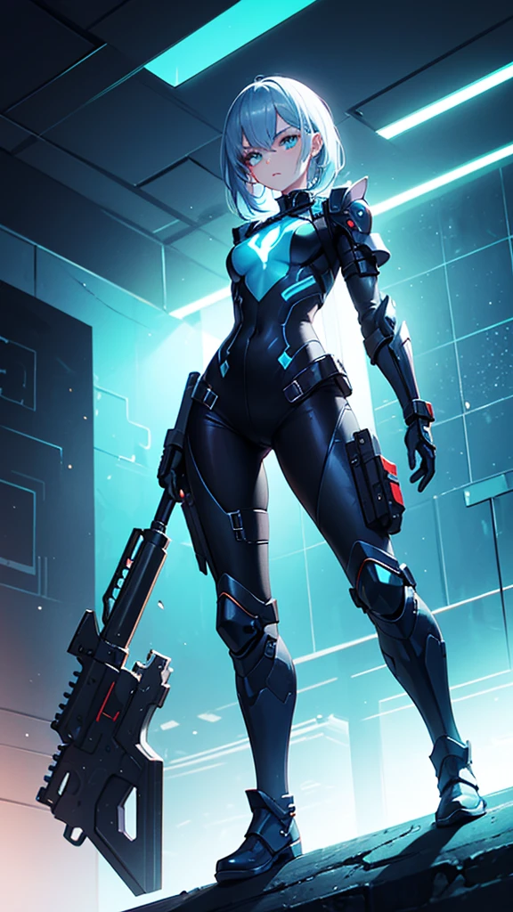 (masterpiece, best quality:1.3), 1 girl, solo, teenager,(top quality eyes:1.3),A young girl, , with striking cyan eyes and silver hair, slightly shorter than average, and appearing a bit angry. She is dressed in heavy, futuristic gear resembling armor, including a reinforced chest plate, arm guards with built-in gadgets, and boots with glowing blue lines. She is outside at night, the environment around her dark and shadowy. The bright neon lights from her outfit illuminate the scene, and she strikes a powerful, heroic pose, showing off her full figure.