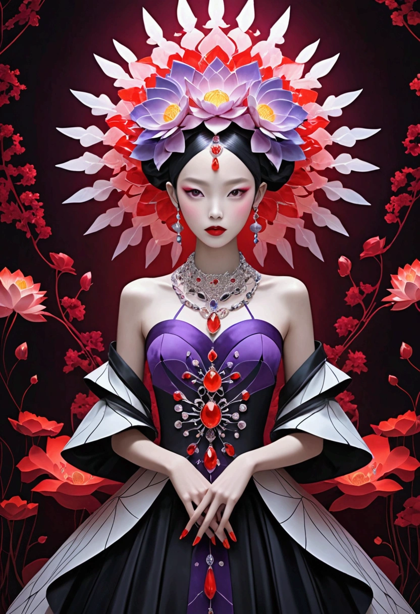 （fashion show：1.3），Alicia Melchiot, Looking at the audience, Cross your arms, Double braid, The model wore an extraordinary avant-garde dress，lotus, Headdress, Violet necklace, 在一场高级fashion show的T台上，Porcelain skin contrasts with deep red lips，She exudes an otherworldly beauty，Experimental photography，Surreal contrasts，Layered Outlines，Complex Mode，Depth and size，translucent，Crystal structure，glowing lines，Fluorescence，Glow Example，Tracking Example，Backlight，Light particle blur，Fractal background