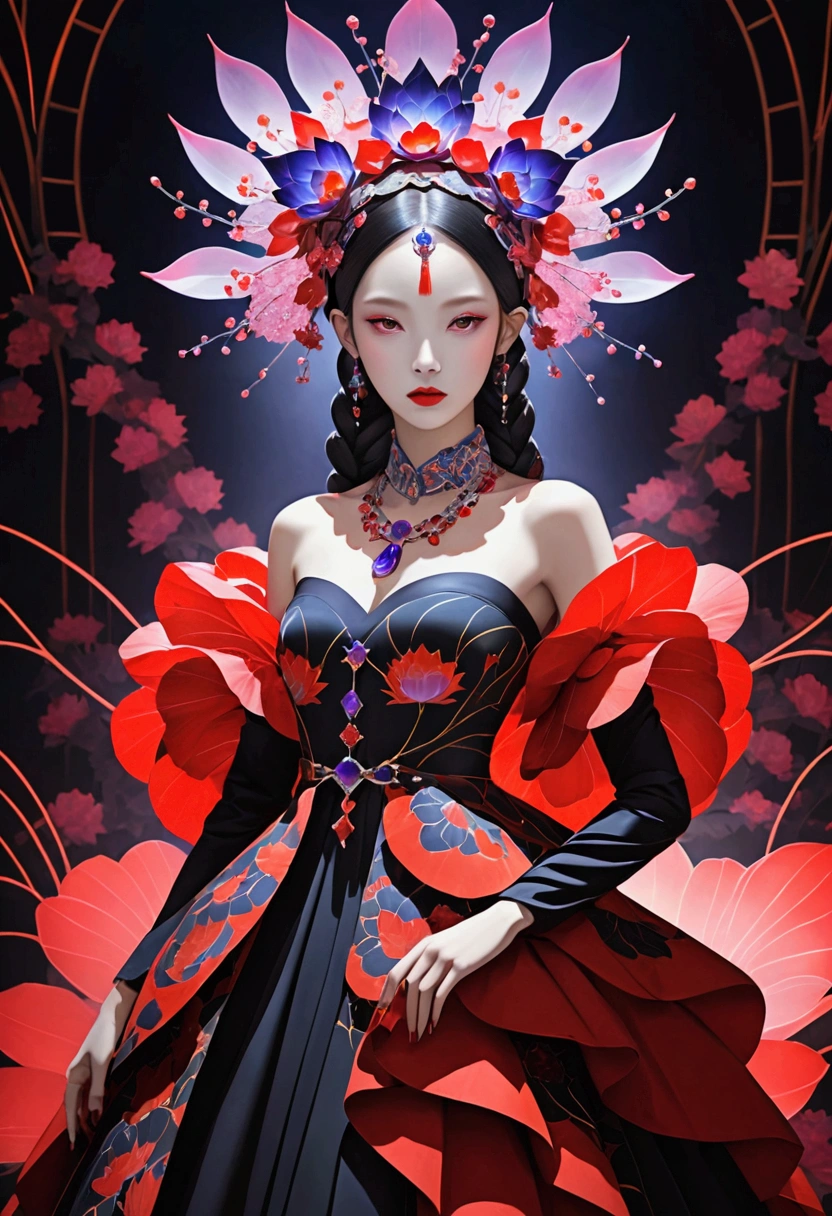 （fashion show：1.3），Alicia Melchiot, Looking at the audience, Cross your arms, Double braid, The model wore an extraordinary avant-garde dress，lotus, Headdress, Violet necklace, 在一场高级fashion show的T台上，Porcelain skin contrasts with deep red lips，She exudes an otherworldly beauty，Experimental photography，Surreal contrasts，Layered Outlines，Complex Mode，Depth and size，translucent，Crystal structure，glowing lines，Fluorescence，Glow Example，Tracking Example，Backlight，Light particle blur，Fractal background