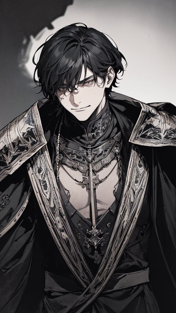 Best quality, (background_detail), high_contrast, detail_original_illustration, warrior, muscular, villain face, armored, full_body, medieval, crease between eyes, young man, man in 20s, dark_stitch_landscape, (dramatic_lighting:1. 25), (shaded_background:1.2), black_hair, (short black hair:) 1.1 ), Large figure, Delicate face, Evil smile, Sharp eyes, Black background, (Black background:1.5), Beautiful line drawing, Black and white