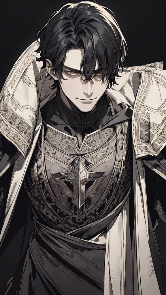 Best quality, (background_detail), high_contrast, detail_original_illustration, warrior, muscular, villain face, armored, full_body, medieval, crease between eyes, young man, man in 20s, dark_stitch_landscape, (dramatic_lighting:1. 25), (shaded_background:1.2), black_hair, (short black hair:) 1.1 ), Large figure, Delicate face, Evil smile, Sharp eyes, Black background, (Black background:1.5), Beautiful line drawing, Black and white