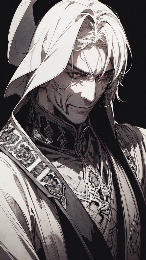 Best quality, (background_detail), high_contrast, detail_original_illustration, warrior, muscular, villain face, armored, full_body, medieval, crease between eyes, young man, man in 20s, dark_stitch_landscape, (dramatic_lighting:1. 25), (shaded_background:1.2), black_hair, (short black hair:) 1.1 ), Large figure, Delicate face, Evil smile, Sharp eyes, Black background, (Black background:1.5), Beautiful line drawing, Black and white