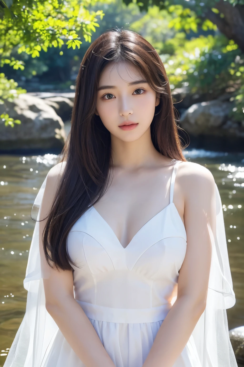 (masterpiece、High resolution、high quality),(Beautiful and realistic Japanese figures、Detailed face、beauty),21 years old、virgin:1.3、(In the great outdoors,River of Love and Sorrow)、((Love Anthem、Divinity))、(Perfect Anatomy、Beautiful body、Beautiful Skin、Huge 、Translucent white outfit)、Modeled、gravure、Pure、Spiritual Light、The color of passion、whole body、Dazzling aura、