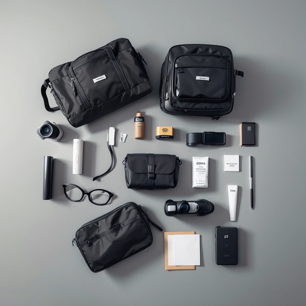 travel essentials flat lay on gray background with no human model in top view and in super high quality resolution