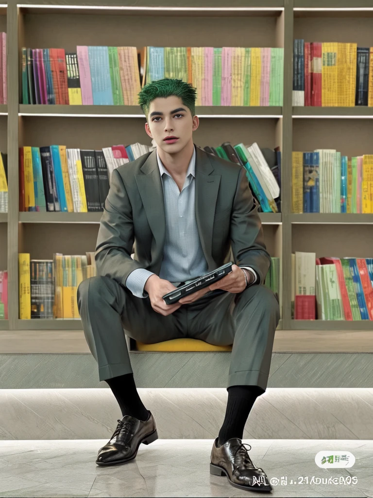 1 man, handsome, muscular, green hair, scar, black suit, black Oxford shoes, black socks, best quality, masterpiece, sitting, 