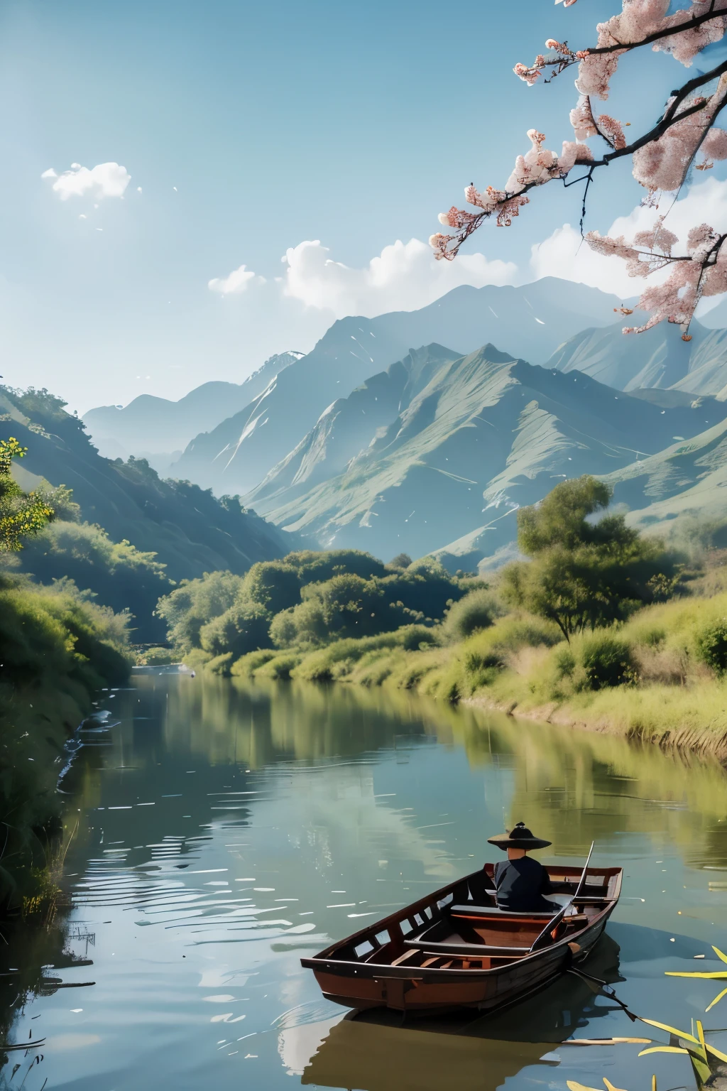 Ink style,Peach Forest,Creek,Mountains in the distance,Boat,Wearing a bamboo hat,Boat上钓鱼，Fish leap out of the water