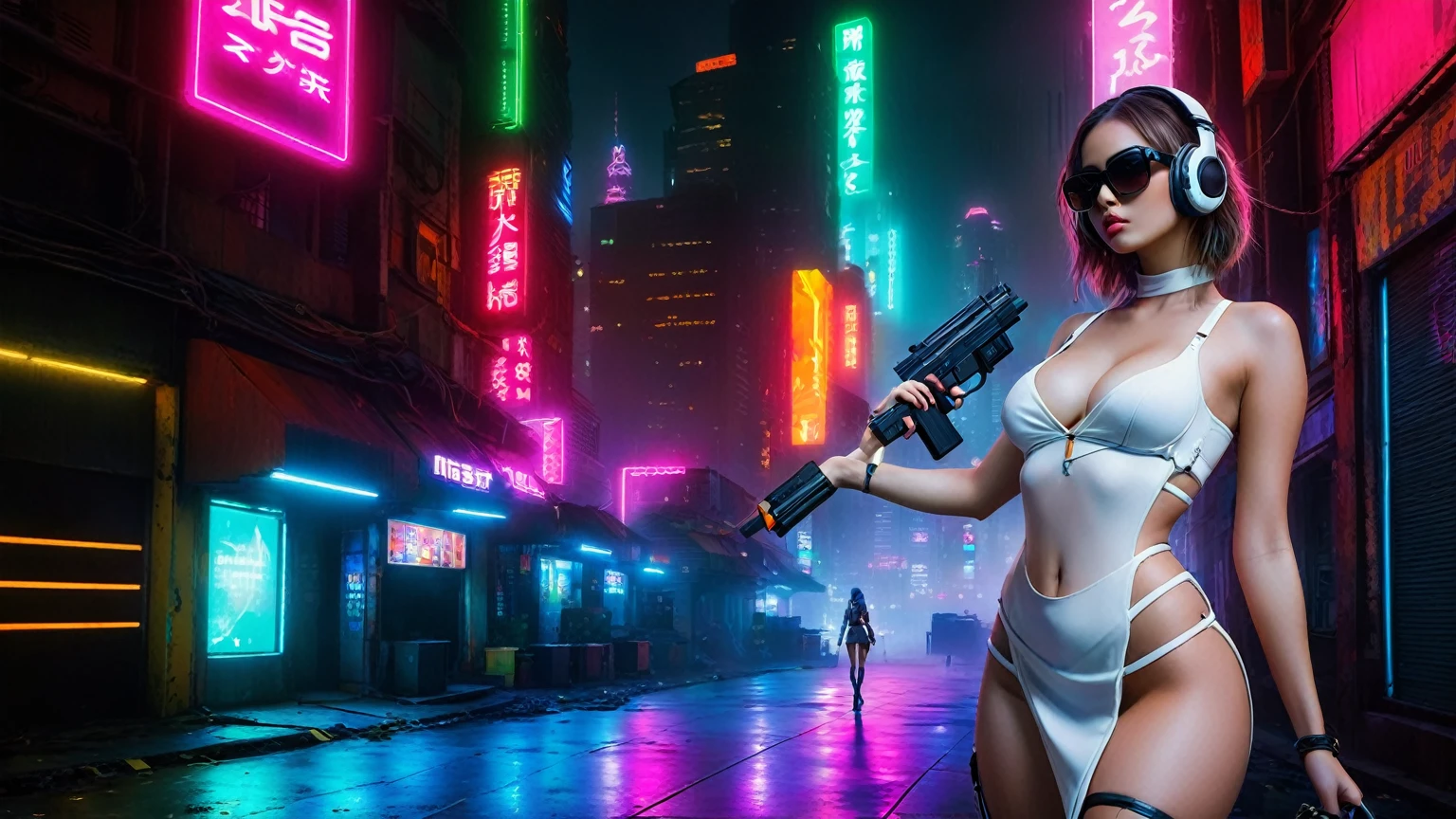 dark futuristic landscape, at night, neon lights, Atmospheric fog, large buildings in the background, futuristic city, streets with open shops, skyscraper (postapocalyptic city:1.3). (((1girl, solo, alone))), large-breast:1.2 slim body, cleavage:1.1, sexy miniskirt, (((headphone, black sunglasses, standing and holding pistol pose))), (((half-body thigh level medium shot))), cinematic lighting, lens flare, ray tracing.