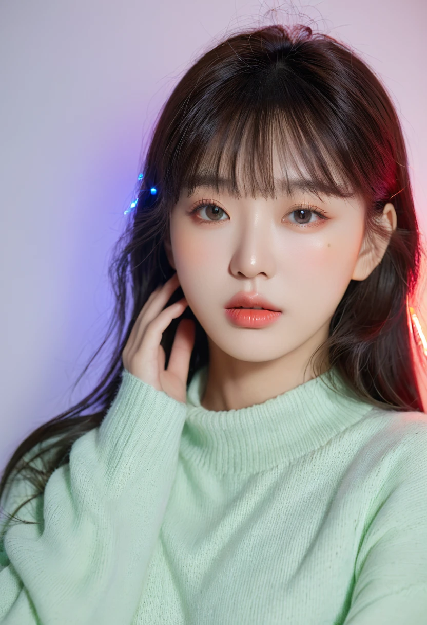 8k, Highest quality, 女の子1people, (Skin dents),  Indoor transparent background, (people々), Beautiful Bangs, nice,,,Soft lighting, Charm,Room, (Close your mouth:1.2, Beautiful Eyes,Detailed Iris, Beautiful Lips, Beautiful Nose, Pretty face),(primary color:1.5)，(Zhou Haoguang:1.3)，(Neon Light),Korean Idol

