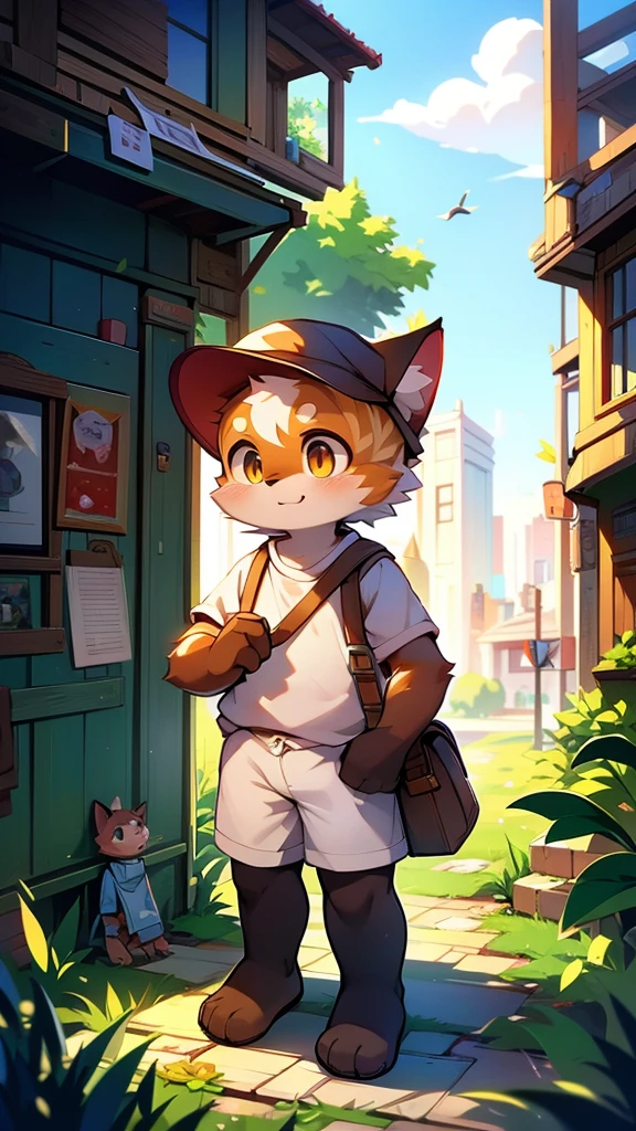 A cartoon style painting,The picture shows a kitten wearing a hat and carrying a school bag,Stand on the doorstep,The cat father and mother welcomed him with open arms,Wearing stylish fursona, Cat girl, Cute cat, Anthropomorphic cats, Hot topics on artstation pixiv, Full body high-grade white, High-quality anime art style, High resolution cargo, Anthropomorphic cats, High Quality Fan Art, Anthropomorphic cyberpunk kitten:tall and big,