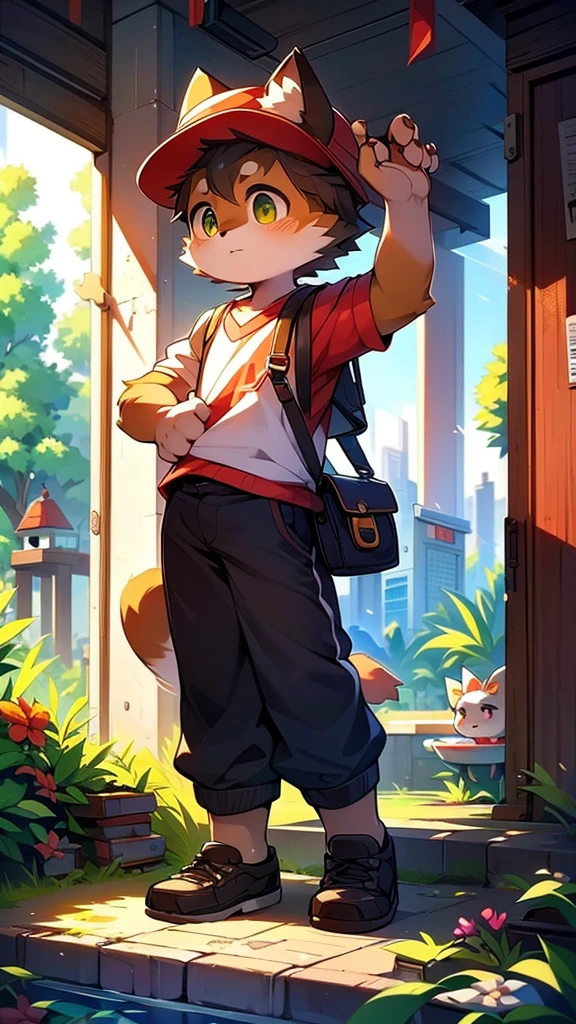 A cartoon style painting,The picture shows a kitten wearing a hat and carrying a school bag,Stand on the doorstep,The cat father and mother welcomed him with open arms,Wearing stylish fursona, Cat girl, Cute cat, Anthropomorphic cats, Hot topics on artstation pixiv, Full body high-grade white, High-quality anime art style, High resolution cargo, Anthropomorphic cats, High Quality Fan Art, Anthropomorphic cyberpunk kitten:tall and big,