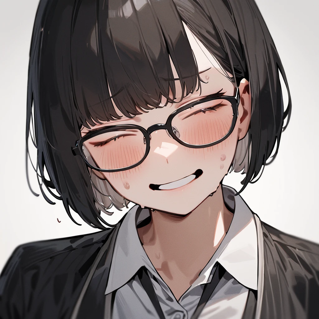 masterpiece, Highest quality, so beautiful, Absurd,
One girl, alone, Black Hair, Bobcut,
Thermont 16A, Glasses,
Collared shirt, Happy,Painful expression、Frowning、View your viewers, Glassesの調整, White Background, Simple Background,