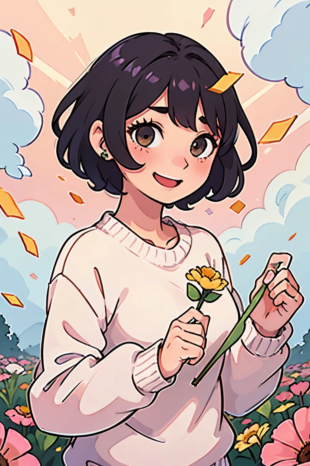 A cute short-haired girl,Wearing sweater,Holding flowers,Very happy look,A lot of pink coins falling from the sky