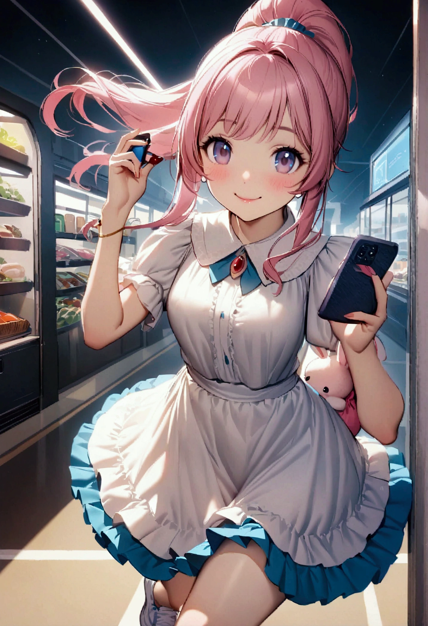 girl with pink hair with a high ponytail, a cute rabbit bag and her cell phone in her hand with a white blouse and blue ruffle skirt with white tennis shoes and a smile on her face in the style of mahou shoujo ni akogarete