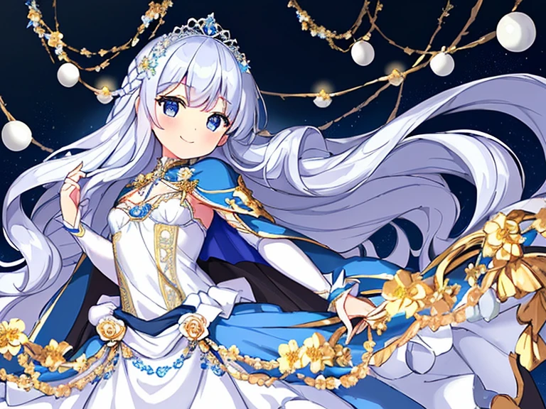 looking at viewer, upper body,(masterpiece),(best quality),(rococo style),(long train blue cape:1.15), very long cape,(long train white ball gown with flower decorations:1.1), a girl is wearing a cape over her gown, 1 little princess, tiara, smile, very long hair, small breasts