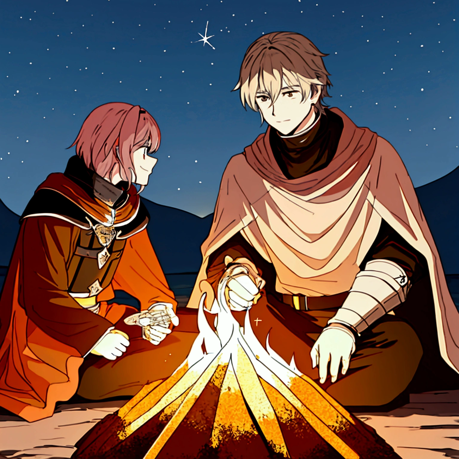 Create an image of two knights sitting and talking around a campfire at night. The first knight is wearing full armor with a closed helmet, while the second knight is wearing a cloak with a hood that partially covers his face. They are sitting near a burning campfire, with a dark night sky and stars in the background. Ensure that details such as the armor, cloak, and the campfire light illuminating their faces are clearly visible.