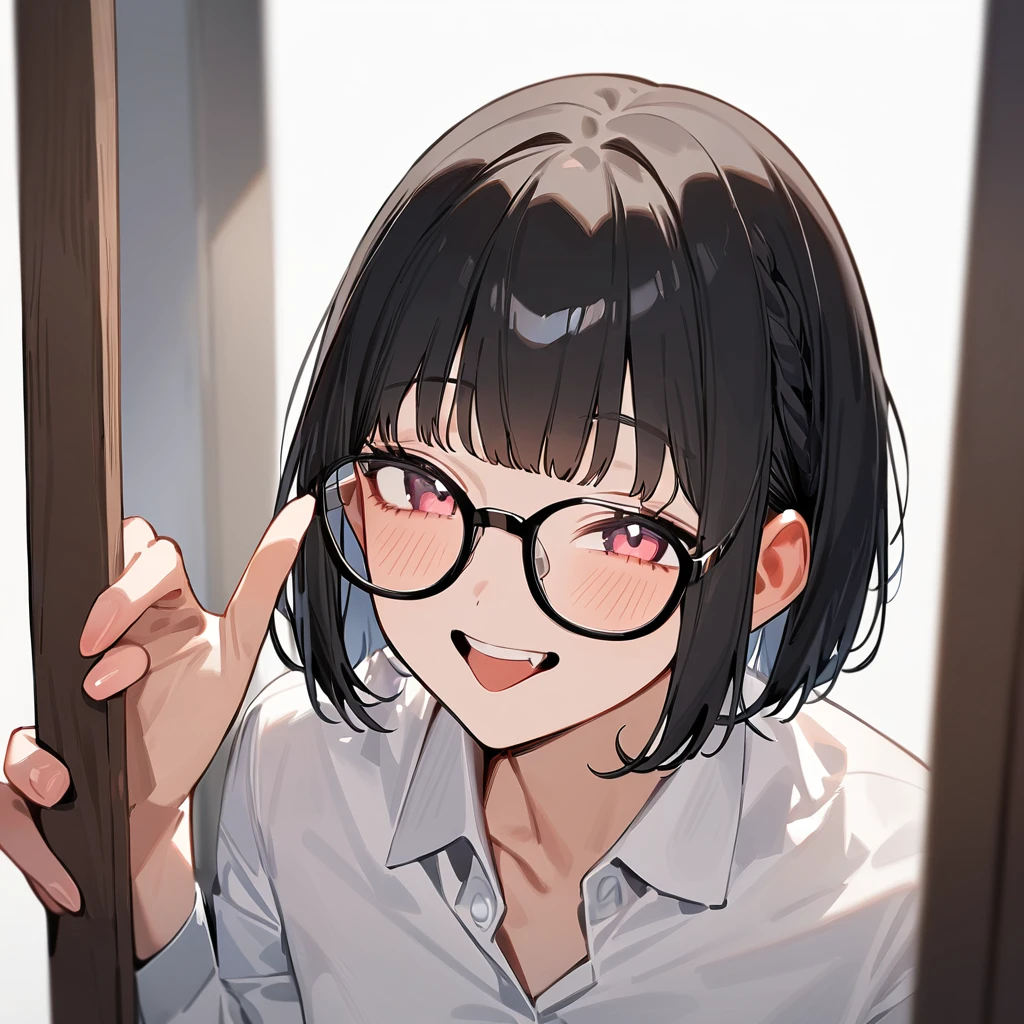 masterpiece, Highest quality, so beautiful, Absurd,
One girl, alone, Black Hair, Bobcut,
Thermont 16A, Glasses, 
Collared shirt, Happy, smile, Sticking out tongue、View your viewers, Glassesの調整, White Background, Simple Background,
 