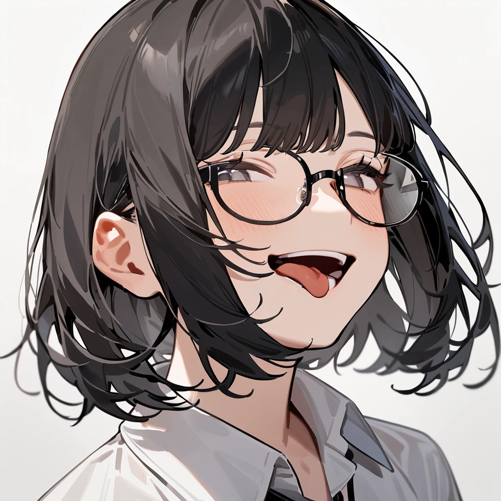 masterpiece, Highest quality, so beautiful, Absurd,
One girl, alone, Black Hair, Bobcut,
Thermont 16A, Glasses,
Collared shirt, Happy, smile, Sticking out tongue、View your viewers, Glassesの調整, White Background, Simple Background,