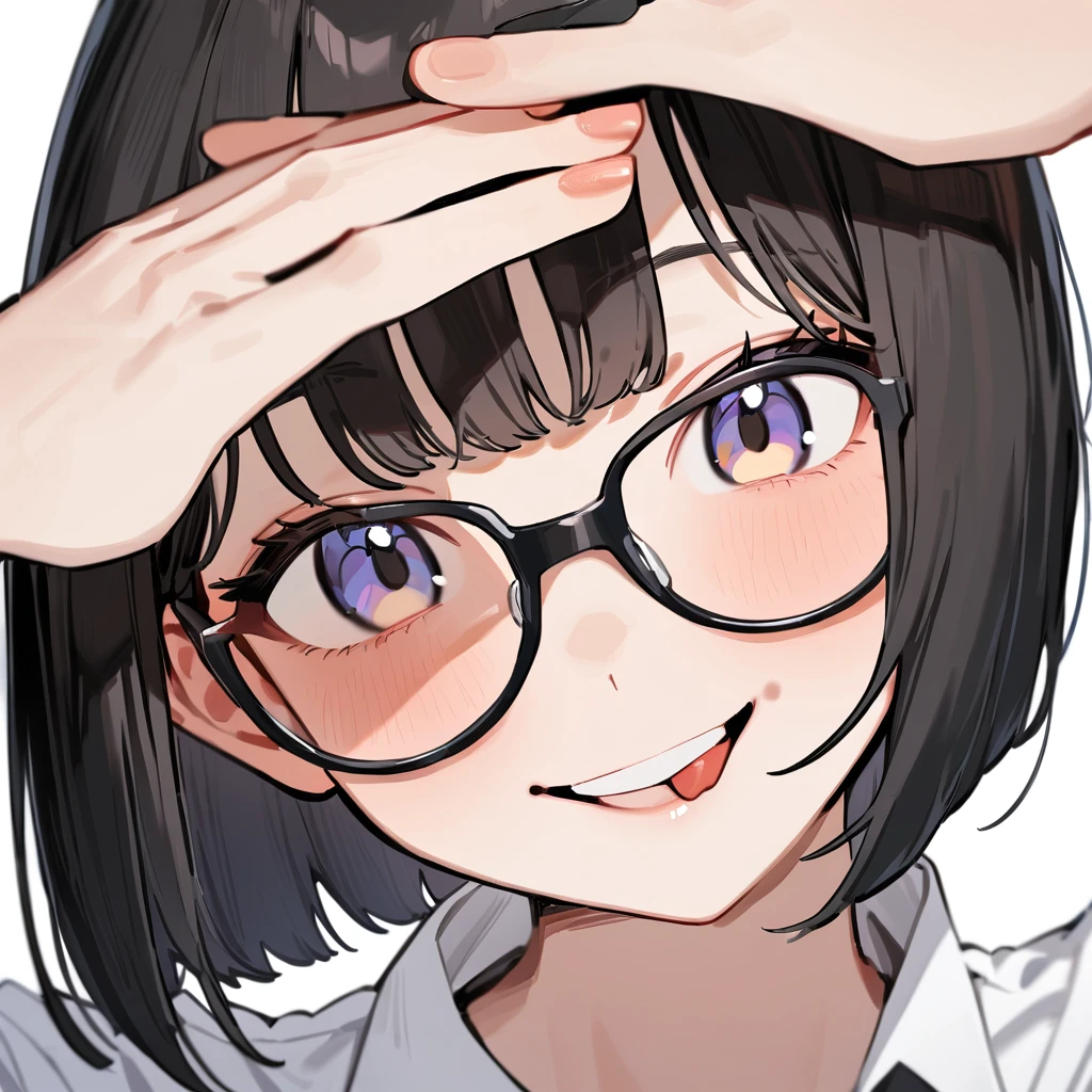 masterpiece, Highest quality, so beautiful, Absurd,
One girl, alone, Black Hair, Bobcut,
Thermont 16A, Glasses, 
Collared shirt, Happy, smile, Sticking out tongue、View your viewers, Glassesの調整, White Background, Simple Background,
 