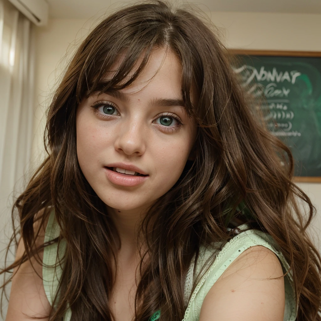 photo of a girl with long wavy brown hair, it is very important that she has light green eyes, in the photo you can only see her face and bust she is taking a selfie in the photo she has her tongue out