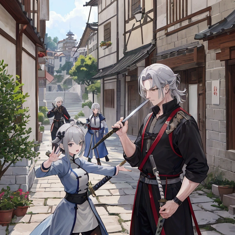 Middle-aged men、Gray Hair、Dressed as an adventurer、Holding a sword、Teaching residents the basics of defense and attack。A scene where the residents are being trained in the town square