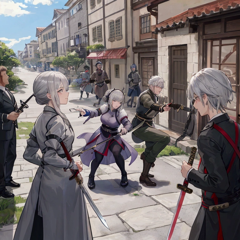 Middle-aged men、Gray Hair、Dressed as an adventurer、Holding a sword、Teaching residents the basics of defense and attack。A scene where the residents are being trained in the town square