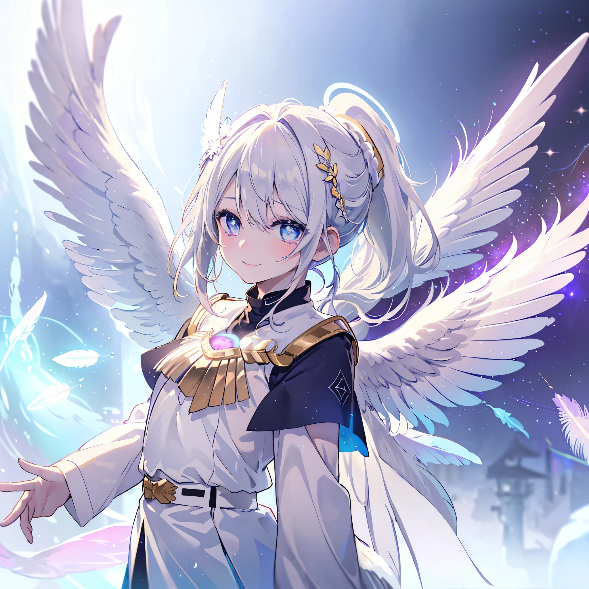 ((((Archangel、４Feathers、Angel Halo　Galaxy Background))))　(((uniform　White Hair、ponytail　White skin、Neon blue eyes、Pop stareteors)))　((Pillar of Light))　(Tears　smile)　Shining Edge、Shining Background