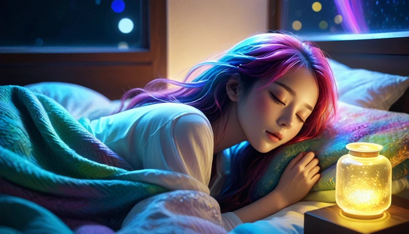 {{masterpiece}}, Highest quality, Highly detailed CG synthesis 8k wallpaper, Cinema Lighting,, A woman is sleeping in bed with her eyes closed,Blankets and pillows nearby,Close your eyes and sleep,There is a small window at the back,The night view can be seen from the window。 quiet night , Multi-colored hair, (colorful:1.5), (colorful hair:1.5),