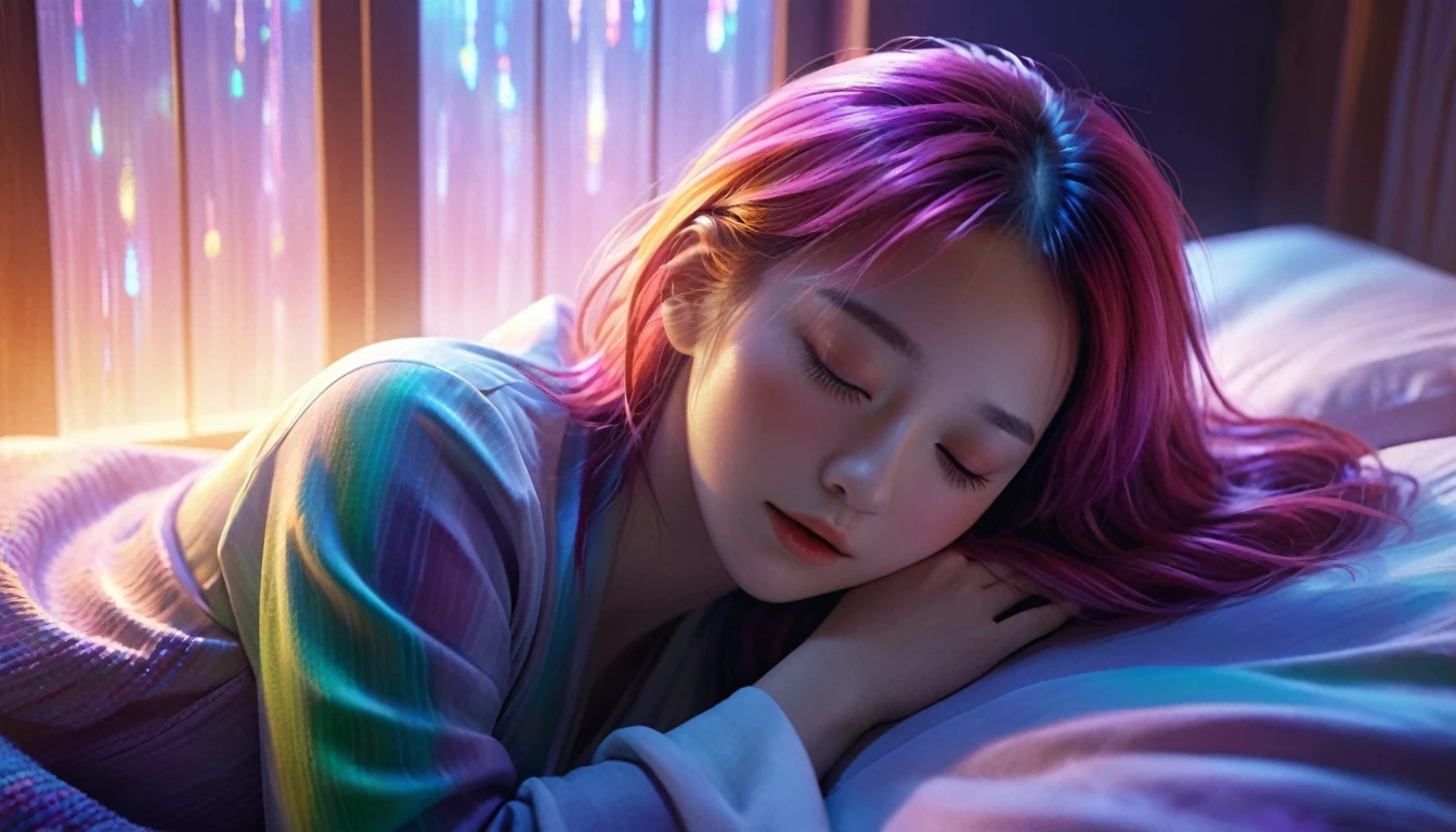 {{masterpiece}}, Highest quality, Highly detailed CG synthesis 8k wallpaper, Cinema Lighting,, A woman is sleeping in bed with her eyes closed,Blankets and pillows nearby,Close your eyes and sleep,There is a small window at the back,The night view can be seen from the window。 quiet night , Multi-colored hair, (colorful:1.5), (colorful hair:1.5),