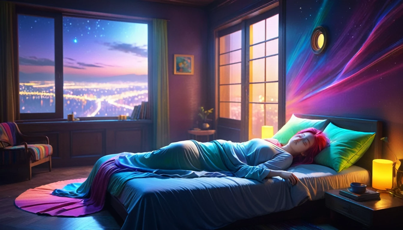 {{masterpiece}}, Highest quality, Highly detailed CG synthesis 8k wallpaper, Cinema Lighting,, A woman is sleeping in bed with her eyes closed,Blankets and pillows nearby,Close your eyes and sleep,There is a small window at the back,The night view can be seen from the window。 quiet night , Multi-colored hair, (colorful:1.5), (colorful hair:1.5),