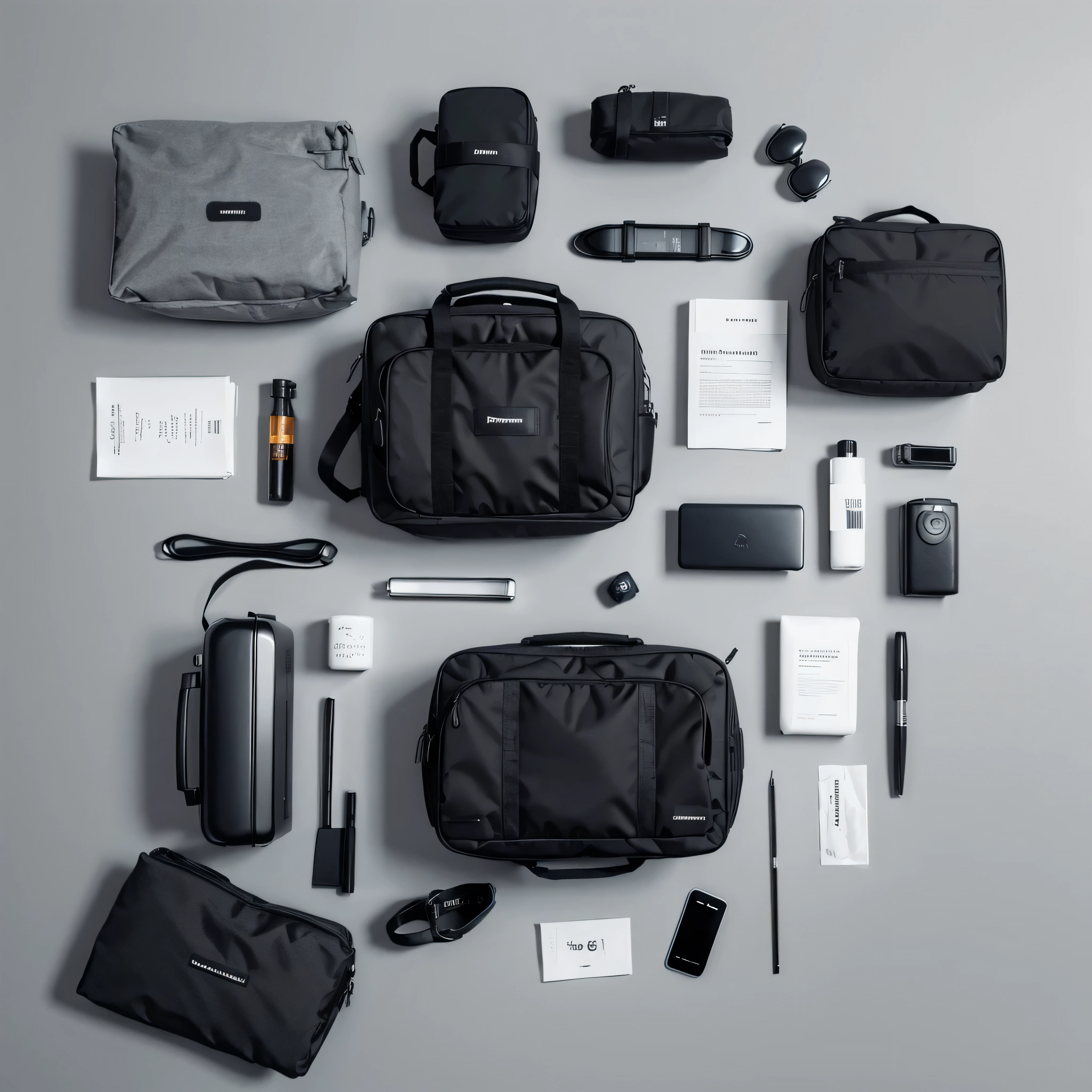 travel essentials flat lay on gray background with no human model in top view and in super high quality resolution